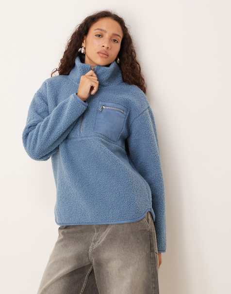 Threadbare – Pullover aus Teddyfleece in Blau mit kurzem Reißverschluss und Brusttasche - view 1
