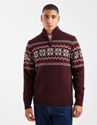 Pullover in Burgunderrot mit Norwegermuster und kurzem Reißverschluss Rot M