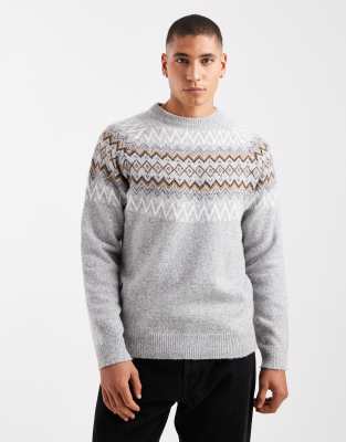 Pullover in Hellgrau mit Rundhalsausschnitt und Norwegermuster Grau XL