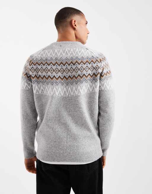 Threadbare – Pullover in Hellgrau mit Rundhalsausschnitt und Norwegermuster, 3 von 5