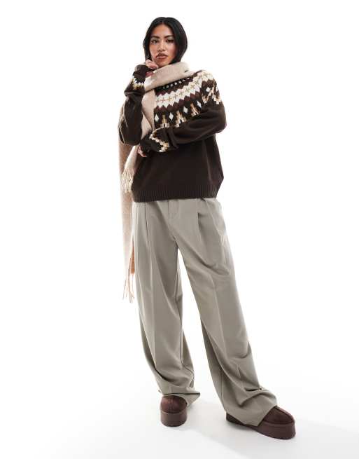 Threadbare – Pullover mit Rundhalsausschnitt und indigenem Muster in Beige und Braun, 3 von 4