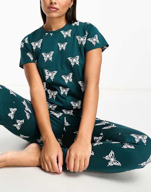 Threadbare - Pyjama avec pantalon et t-shirt à imprimé papillons - Vert