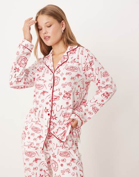 Threadbare - Pyjama met lange mouwen en kerstprint in wit en rood - view 1
