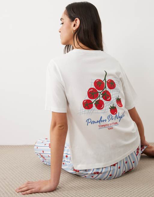 Threadbare – Pyjama mit Tomaten-Print und gestreifter Hose in Blau, 4 von 4