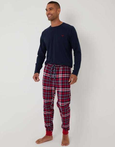 Threadbare Pyjama sweatshirt & bottoms set in navy/red check - view 1