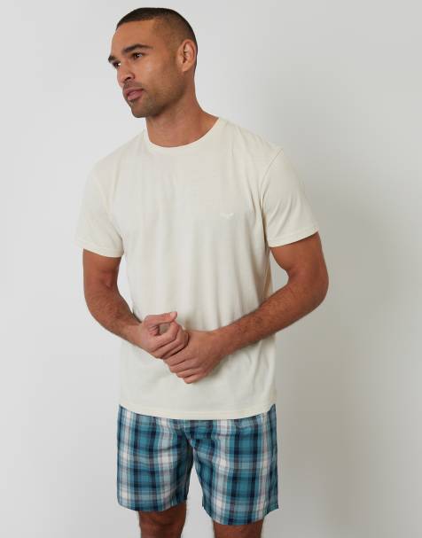 Threadbare Pyjama t-shirt & check shorts set in light stone - view 1