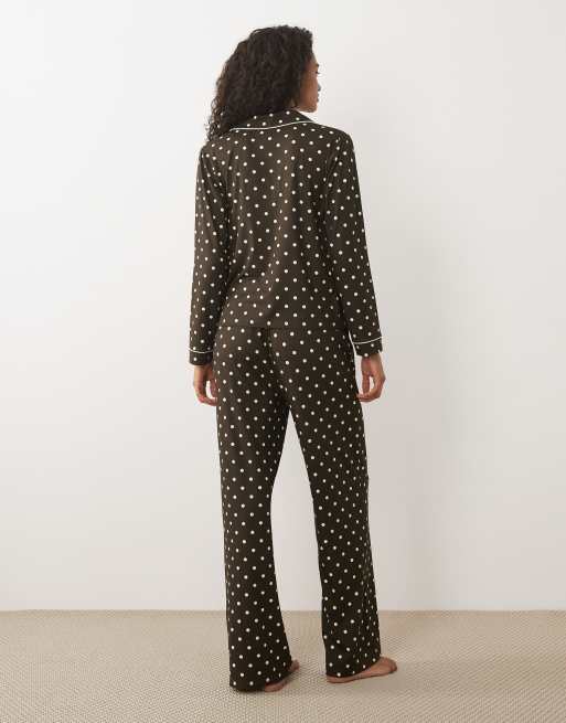 Threadbare - Pyjama ultra doux à pois avec chemise boutonnée - Marron chocolat, 4 de 4