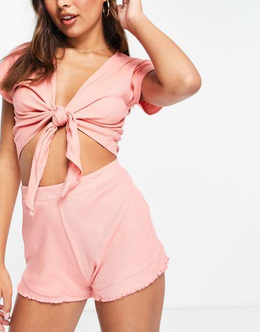 Threadbare - Pyjamaset met crop top met gestrikte voorkant en short in koraalkleur