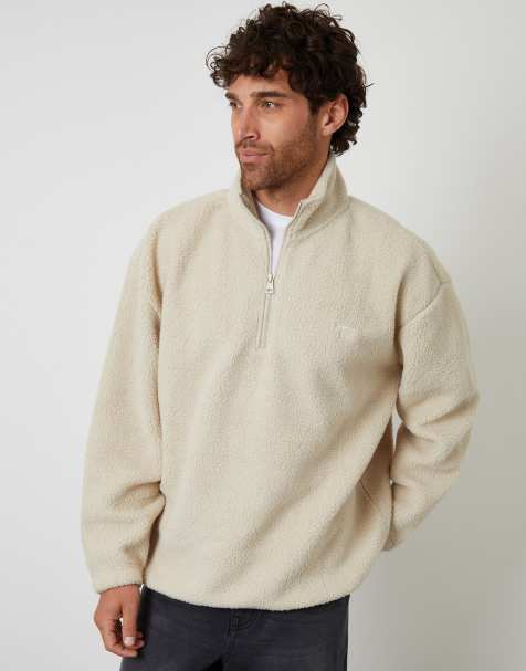 Threadbare Quarter zip borg relaxed fit sweatshirt in stone - view 1