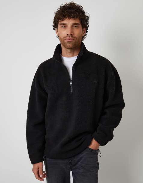 Threadbare Quarter zip borg sweatshirt in black - view 1