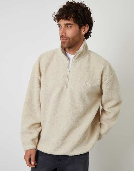 Threadbare Quarter zip borg sweatshirt in stone