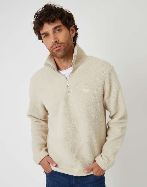 Threadbare Quarter zip borg sweatshirt in stone - view 1