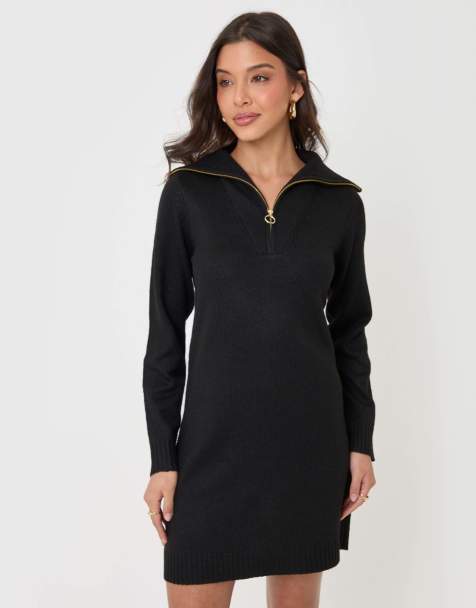 Threadbare Quarter zip brushed knit mini dress in black - view 1