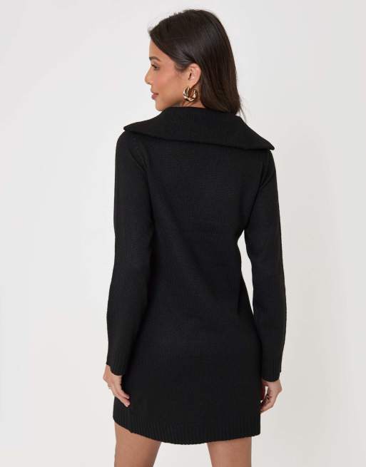 Threadbare Quarter zip brushed knit mini dress in black, 2 of 4