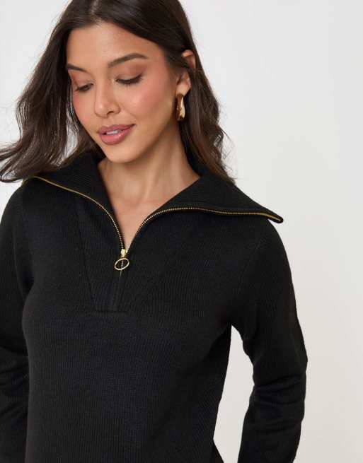 Threadbare Quarter zip brushed knit mini dress in black, 3 of 4