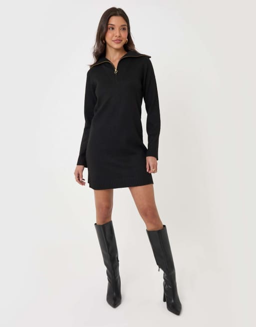 Threadbare Quarter zip brushed knit mini dress in black, 4 of 4