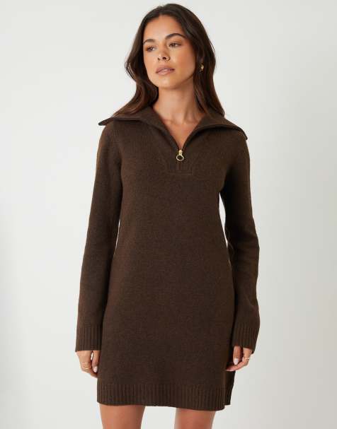 Threadbare Quarter zip brushed knit mini dress in chocolate