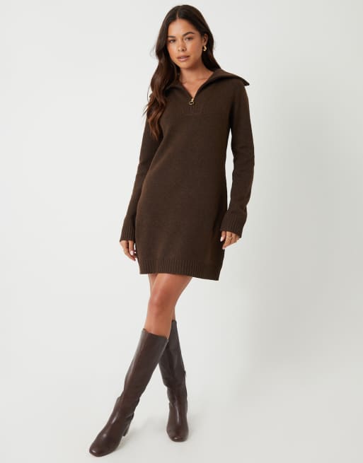 Threadbare Quarter zip brushed knit mini dress in chocolate, 2 of 4