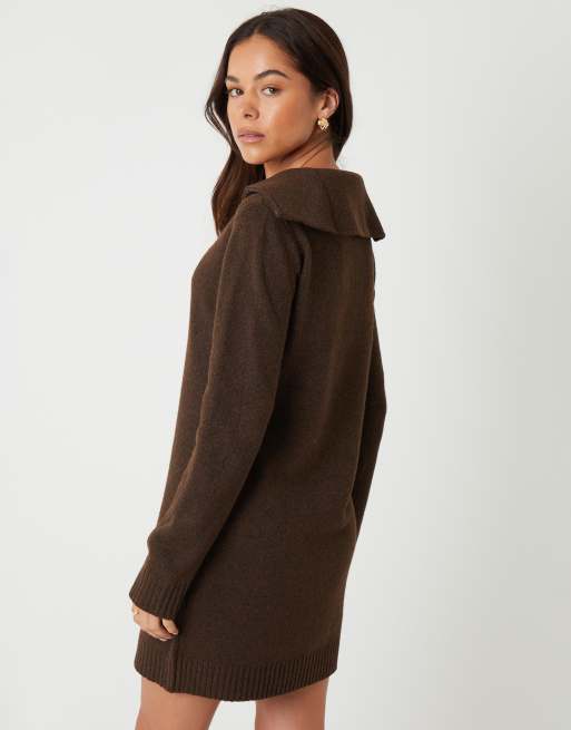 Threadbare Quarter zip brushed knit mini dress in chocolate, 3 of 4