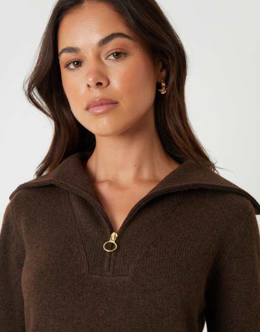 Threadbare Quarter zip brushed knit mini dress in chocolate, 4 of 4