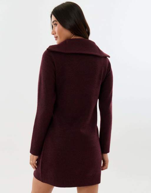 Threadbare Quarter zip brushed knit mini dress in plum, 2 of 4