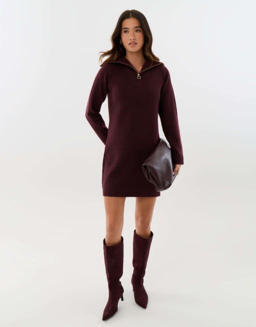 Threadbare Quarter zip brushed knit mini dress in plum, 4 of 4