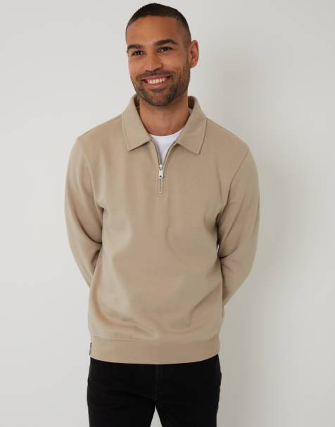 Threadbare Quarter zip collared sweatshirt in stone - view 1