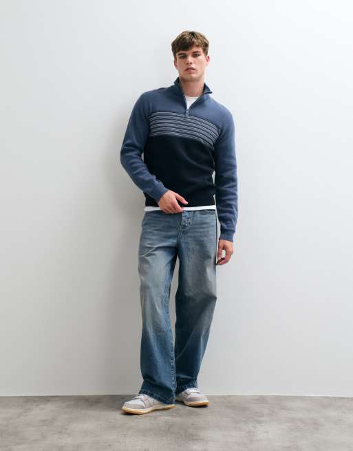 Threadbare quarter zip jumper with stripe detail in navy, 2 of 5