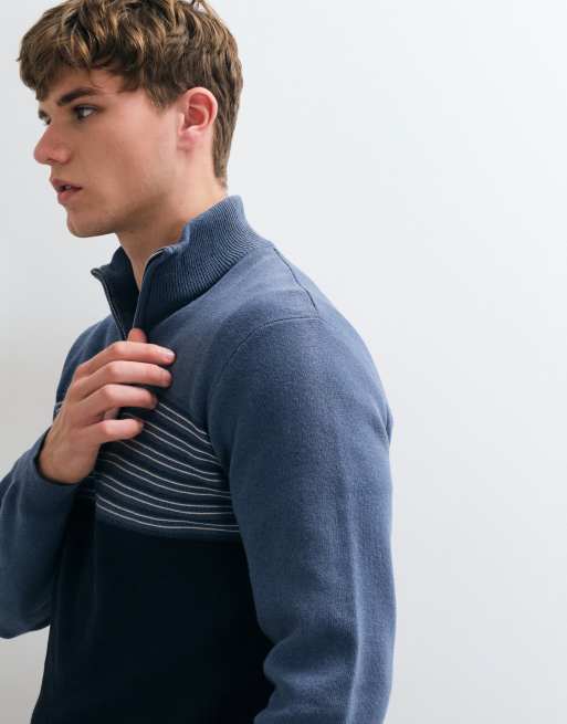 Threadbare quarter zip jumper with stripe detail in navy, 3 of 5