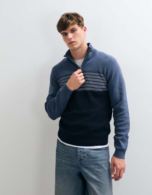 Threadbare quarter zip jumper with stripe detail in navy, 4 of 5