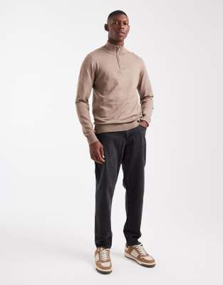 Threadbare Quarter Zip Knit Sweater In Brown