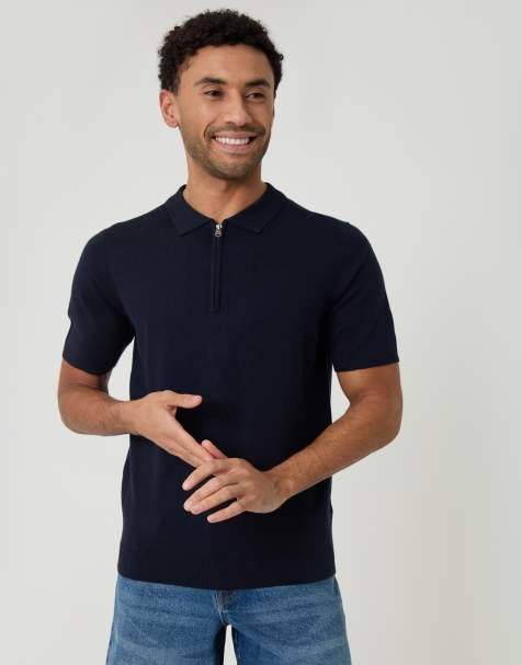 Threadbare Quarter zip knitted polo in navy - view 1