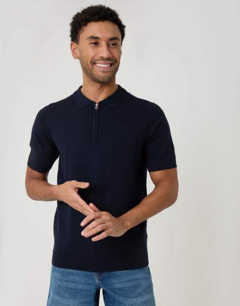 Threadbare Quarter zip knitted polo in navy