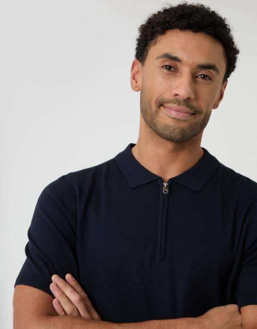 Threadbare Quarter zip knitted polo in navy, 3 of 4