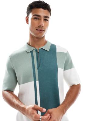 Threadbare Threadbare quarter zip knitted short sleeve polo top with asbtract print in ecru and green