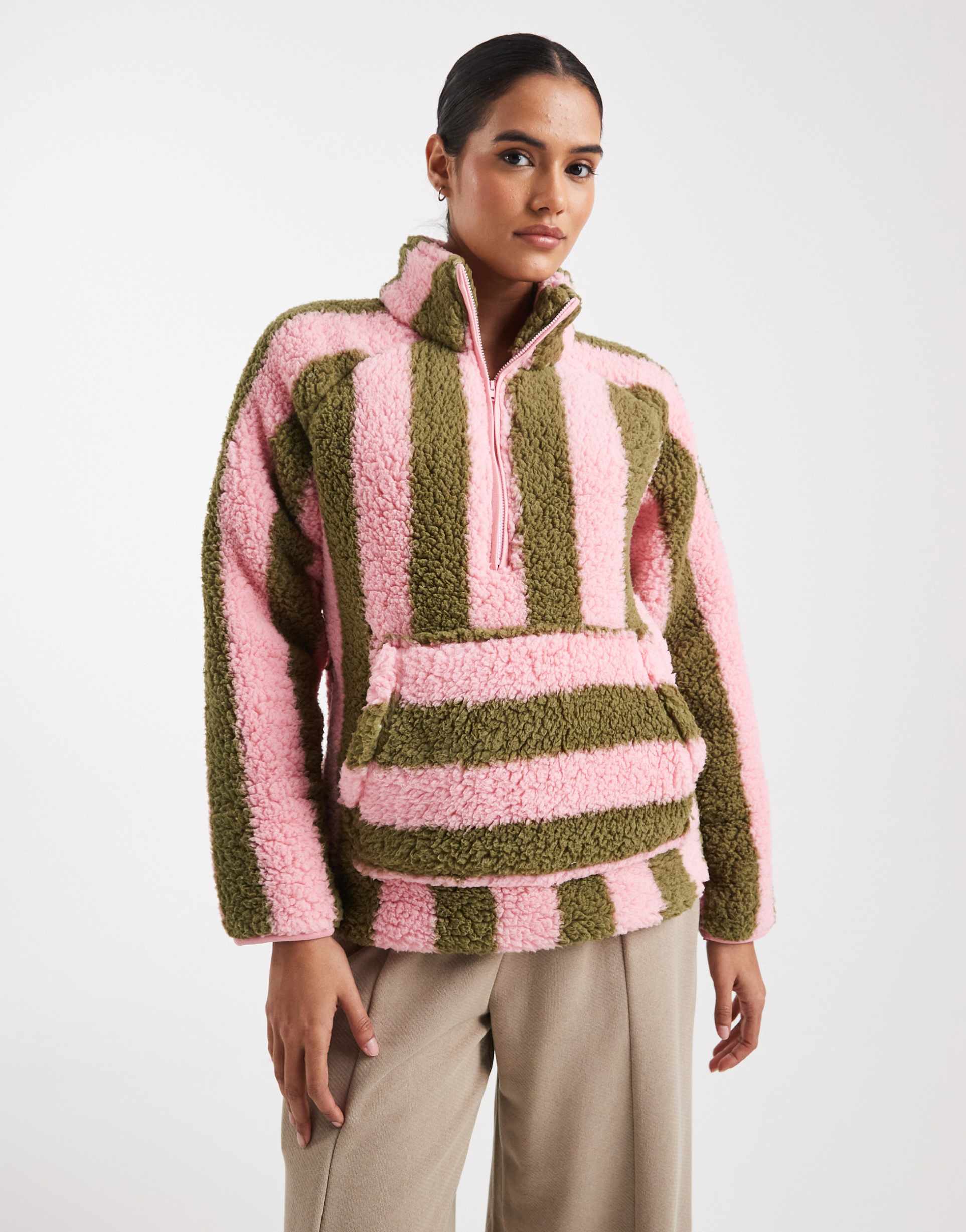threadbare quarter zip lounge fleece in pink and green stripes