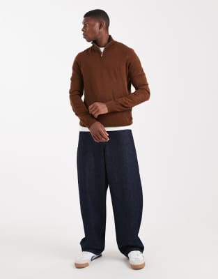 Threadbare Quarter Zip Sweater In Brown