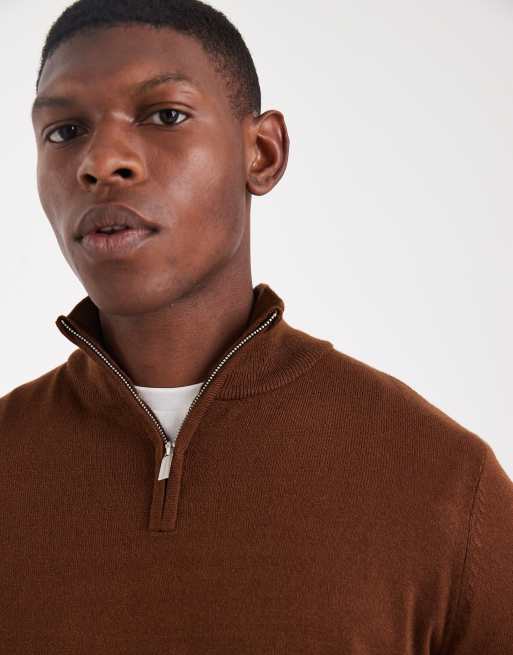 Threadbare quarter zip sweater in brown | ASOS