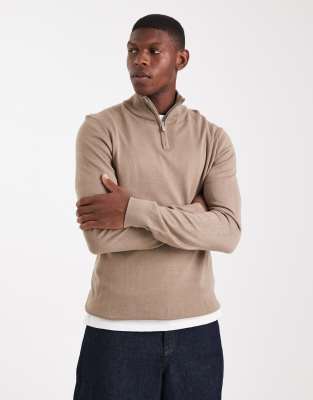 Threadbare Quarter Zip Knit Sweater In Brown