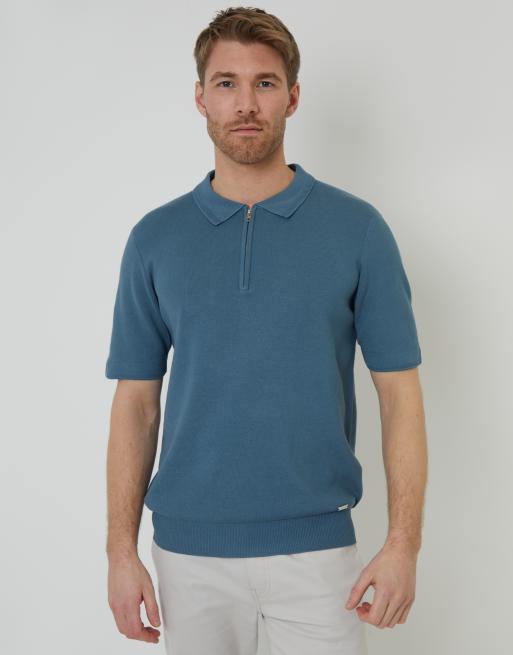 Threadbare Quarter zip textured trim knitted polo in blue