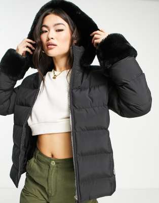 Threadbare Quartz puffer jacket with faux fur trims in black | ASOS