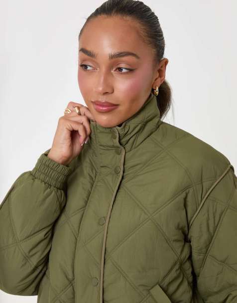 Threadbare Quilted funnel neck bomber jacket in khaki in khaki - view 1