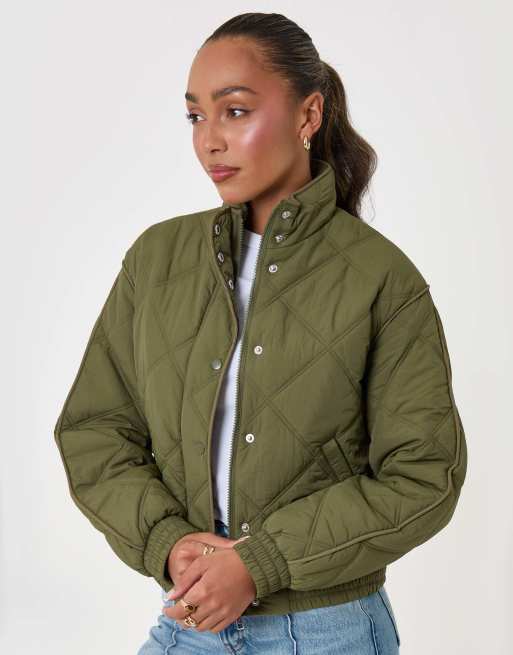 Threadbare Quilted funnel neck bomber jacket in khaki in khaki, 2 of 5