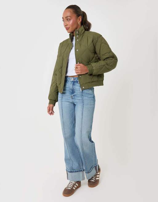 Threadbare Quilted funnel neck bomber jacket in khaki in khaki, 3 of 5