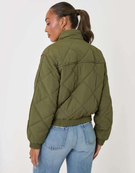 Threadbare Quilted funnel neck bomber jacket in khaki in khaki, 4 of 5