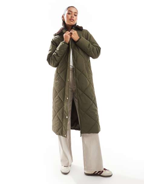 Threadbare quilted longline jacket in khaki with contrast collar - view 1
