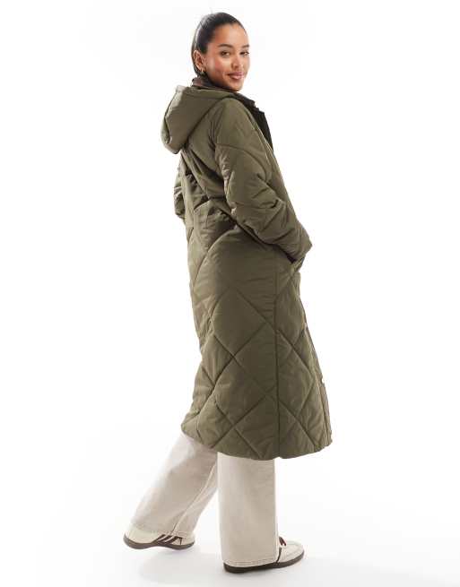 Threadbare quilted longline jacket in khaki with contrast collar