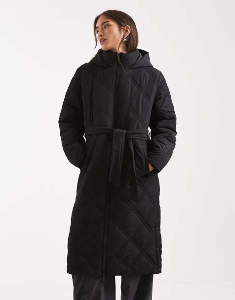 Threadbare quilted maxi length coat with belt in black - view 1