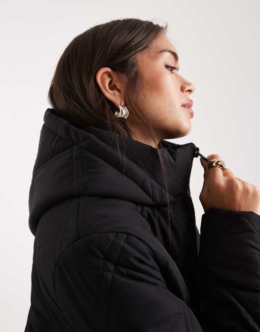 Threadbare quilted maxi length coat with belt in black, 3 of 4
