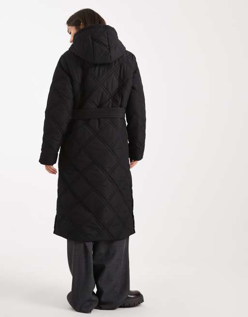 Threadbare quilted maxi length coat with belt in black, 4 of 4